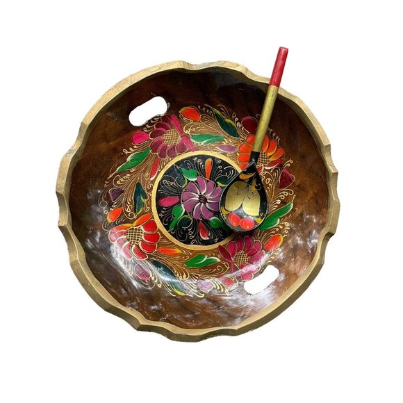 Vtg Russian Wooden Bowl Spoon Set Hand Painted USSR Khokhloma Tray Floral Fruit - Picture 4 of 8